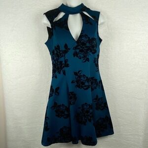 Trixxi Teal Blue‎ Black Velvet Floral Skater Dress High Neck Keyhole Open Back M